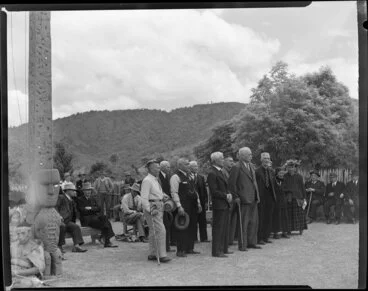 Image: Maori elders welcoming Sir Peter Buck at Marae, Ngaruawahia, Waikato