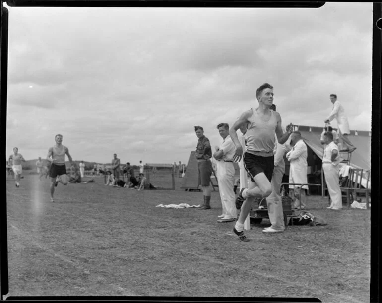 Image: Air Force sports day, 880 yards race, won by Mr Oakes of Wigram, then Pritchard and Jones