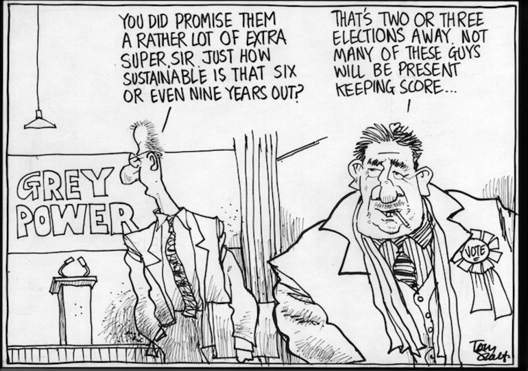 Image: "You did promise them rather a lot of extra super, Sir. Just how sustainable is that six or even nine years out?" "That's two or three elections away. Not many of these guys will be present keeping score." 17 April, 2005.