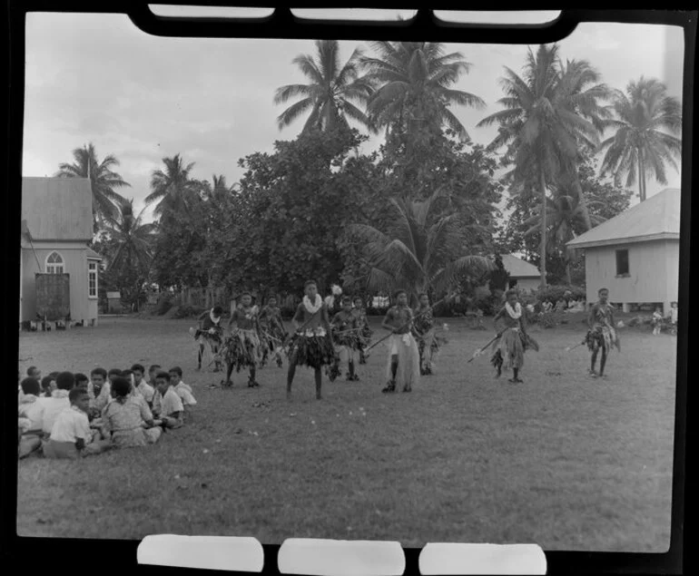 Image: Boys performing a spear dance at the meke, Vuda village, Fiji