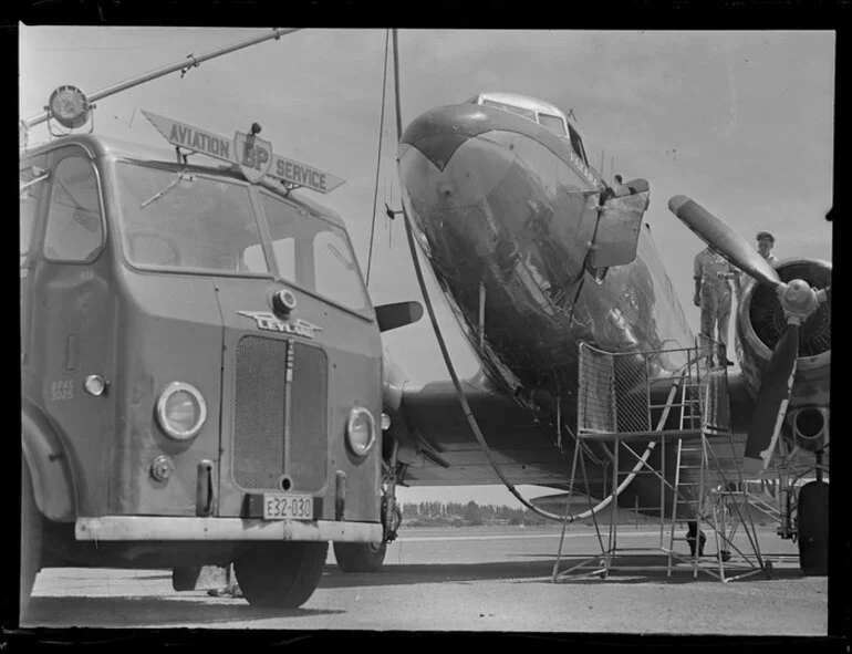 Image: British Petroleum truck refueling an aircraft, Whenuapai