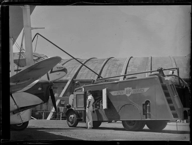 Image: British Petroleum truck refueling an aircraft, Whenuapai