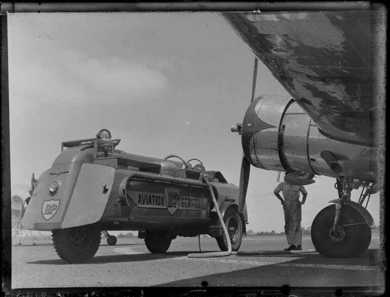 Image: British Petroleum truck refueling an aircraft, Whenuapai