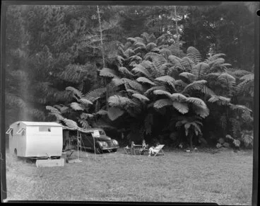 Image: Unidentified campers at Red Beach, Rodney District, including tree ferns, car, and caravan with awning