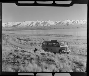 Image: Mt Cook and Southern Lakes Tourist Company Ltd bus, including Lake Pukaki and Mt Cook in the background