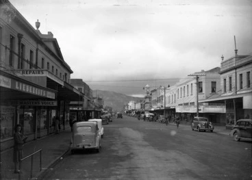 Image: Looking down Jackson Street, Petone, with Liebezeit's and Moar's Electrical Co on the left and Harmony House on the right