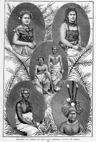 Image: Artist unknown :Natives of Samoa in past and present styles of dress. [London, London Missionary Society, 1894]