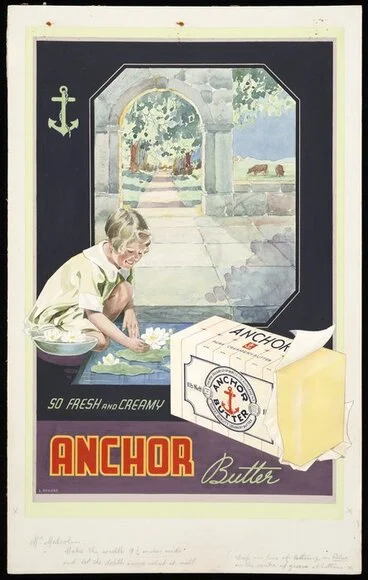 Image: Rykers, Leslie Bertram Archibald, 1897-1976 :So fresh and creamy. Anchor butter [Girl at lily pond] / L Rykers [1937]