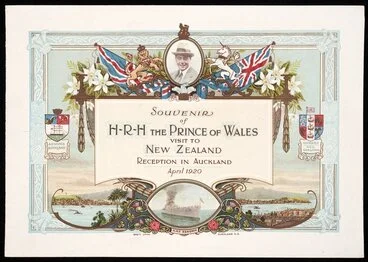 Image: Brett Printing and Publishing Company Ltd :Souvenir of H R H The Prince of Wales visit to New Zealand, Reception in Auckland April 1920. Advance Auckland; Onward New Zealand. Brett litho, Auckland, N.Z.