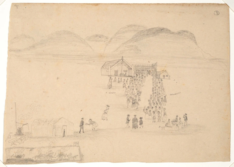 Image: [Artist unknown] :[Sketches of a Maori muru at Parawera; The rival tribes outvying one another in the dance. Between 1860 and 1890?]