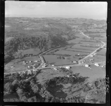 Image: Rural area, Albany, North Shore, Auckland, showing Albany Expressway (State Highway 17) and Gills Road and bush covered hill, with farmland and trees