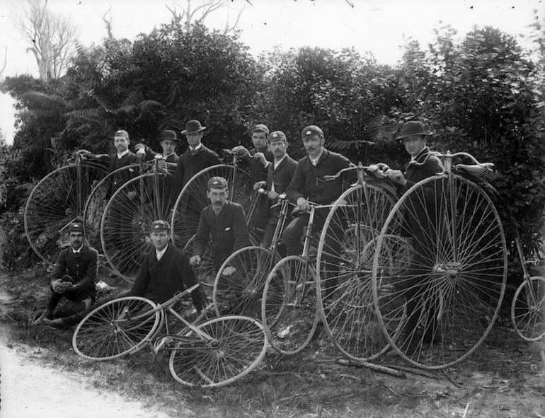 Image: Ring, James, 1856-1939 :Group of cyclists, West Coast region