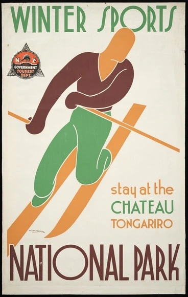 Image: Bridgman, George Frederick Thomas, 1897?-1966 :Winter sports; stay at the Chateau Tongariro, National Park. NZ New Zealand Government Tourist Dept. [1937-1940?]