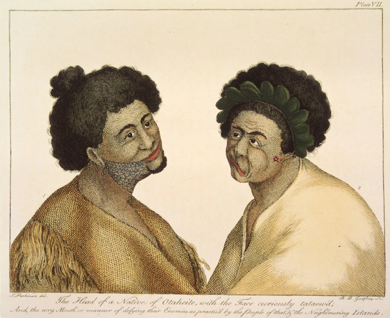 Image: Parkinson, Sydney, 1745-1771 :The head of a native of Otaheite, with the face curiously tataow'd; and the wry manner of defying their enemies as practis'd by the people of that & the neighbouring islands. S. Parkinson del. R. B. Godfrey sc. London, 1784.