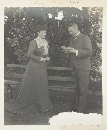 Image: The Countess of Ranfurly and Captain Dudley Alexander in the grounds of Government House, Auckland - Photograph taken by Herman John Schmidt