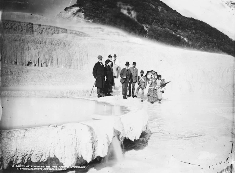 Image: Spencer, Charles S 1854-1933: Group of tourists on the White Terraces at Rotomahana