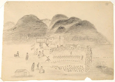 Image: [Artist unknown] :[Sketches of a Maori muru at Parawera; the co-respondents. Confronted by the injured husband and wife, while the giddy dance proceeds in front of the marae. Between 1860 and 1890?]