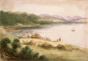 Image: Gold, Charles Emilius 1809-1871 :[Pipitea Pa, Thorndon, from the rear with Kaiwharawhara hotel and the Hutt Valley in the background. 1847?]