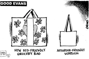 Image: 'New eco-friendly grocery bag'. 'Afforder-friendly version'. 1 May, 2008