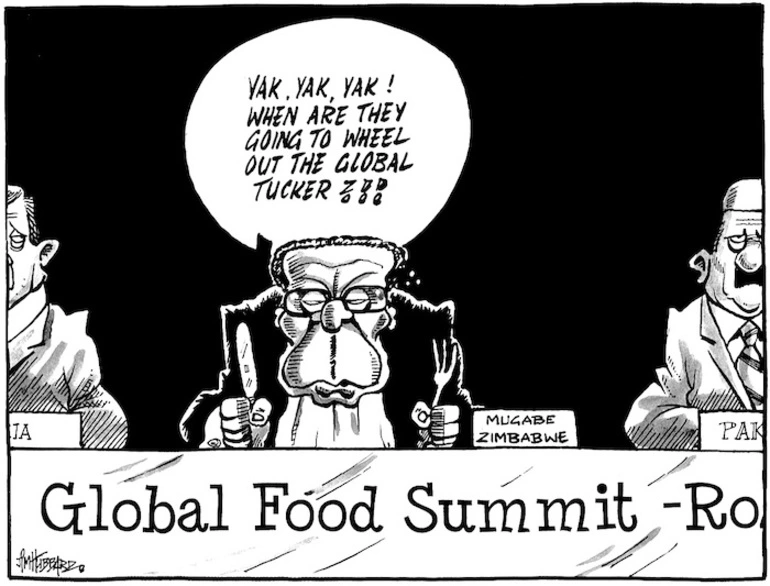 Image: 'Global Food Summit - Rome'. "Yak, yak, yak! When are they going to wheel out the global tucker?!!" 3 June, 2008