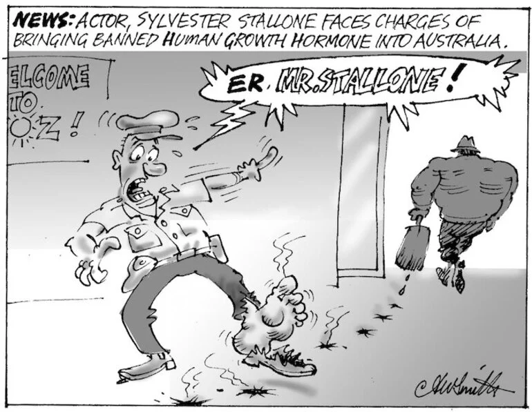 Image: News. Actor, Sylvester Stallone faces charges of bringing banned Human Growth Hormone into Australia. "Er. Mr. Stallone!" 14 March, 2007