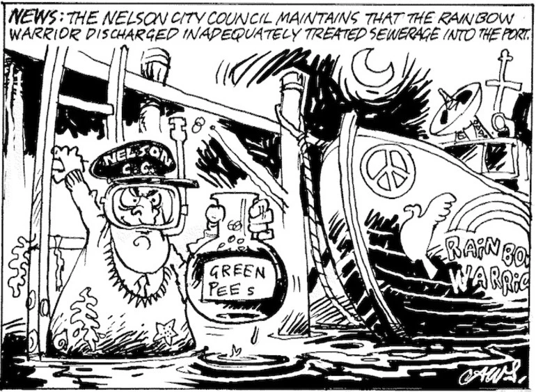 Image: Smith, Ashley W., 1948- :News. The Nelson City Council maintains that the Rainbow Warrior discharged inadequately treated sewerage into the port. New Zealand Shipping Gazette, 18 November 2000.