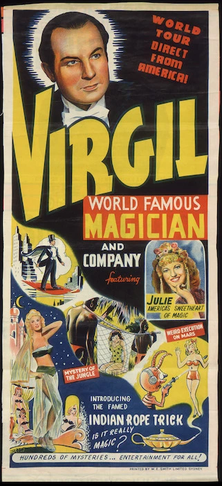 Image: World tour direct from America. Virgil, world-famous magician and company, featuring Julie, America's sweetheart of magic. Printed by W E Smith Limited, Sydney. [ca 1952].