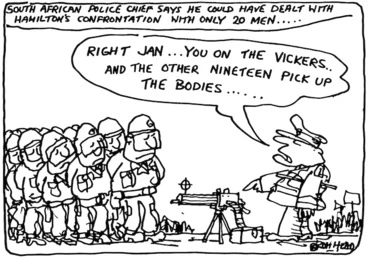 Image: Bromhead, Peter, 1933- :'Right Jan...you on the vickers..and the other nineteen pick up the bodies...' Auckland Star, 28 July 1981.