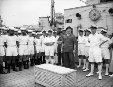 Image: [The Hon Mr T L Macdonald addressing the crew of HMNZS Hawea, Korea]