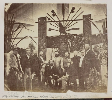 Image: Group including Dr A C Barker, R H Rhodes and W M Maskell, alongside a display of Maori artifacts