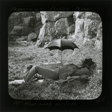 Image: Mr Murdoch asleep, picnic at Cliffs, Kew, Dunedin