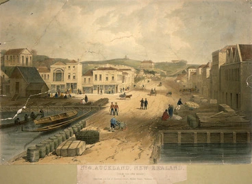 Image: Hogan, Patrick Joseph, 1804-1878 :No. 4, Auckland, New Zealand. (From the new wharf). Queen Street and foot of Shortland Street, Market House, Weselyan Chapel and College. Drawn by P. J. Hogan, 1852. Lith. by Standidge & Co., Old Jewry [London, 1852]