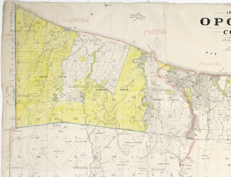 Image: [Sims Commission?] :[Map showing Maori land confiscation in Bay of Plenty Confiscation area] [map with ms annotations]. [1927?]