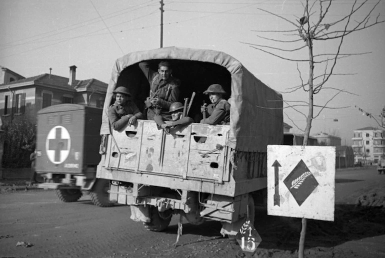 Image: Soldiers of the Maori Battalion in one of the trucks of the Div Reserve Motor Transport, Forli, Italy