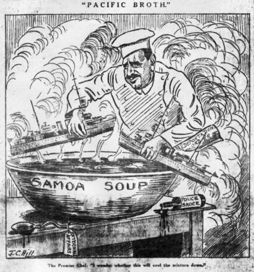 Image: Hill, John Cecil, fl 1927-1957 :Pacific broth. The Premier Chief; I wonder whether this will cool the mixture down? Samoa soup. External affairs. Police sauce. Deportation order. 21 February 1928.
