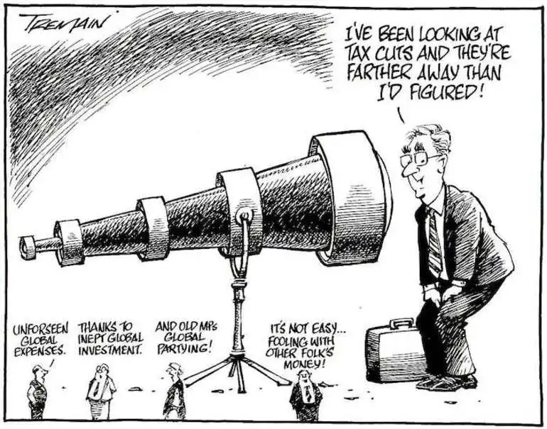 Image: "I've been looking at tax-cuts and they're further away than I'd figured!" "Unforeseen global expenses." "Thanks to inept global investment." "And old MPs' global partying!" "It's not easy fooling with other folk's money!" 16 March, 2008