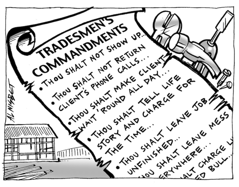 Image: Nisbet, Al, 1958- :Tradesmen's Commandments. Christchurch Press, 22 December 2003.