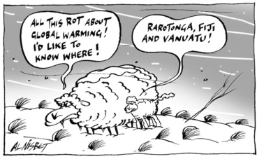 Image: "All this rot about global warming! I'd like to know where!" "Rarotonga, Fiji and Vanuatu!" 10 October, 2005