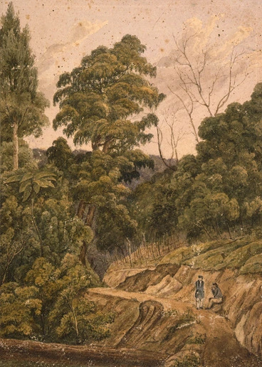 Image: [Smith, William Mein] 1799-1869 :[A road through bush; probably the Hutt Valley during the making of the Petone to Taita Gorge Road in 1842]