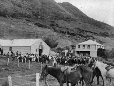 Image: Scene at Ahipara on Maori Land Court day showing W J Reid house on the right