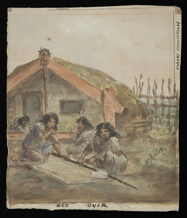 Image: Robley, Horatio Gordon 1840-1930 :[Women cutting themselves on arms for tears of blood. Mourning over the spear of a Ngaiterangi warrior killed 21 June '64 sketched by H. G. Robley it had been bought to family by a comrade. 1864]