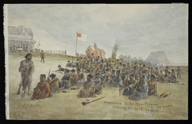 Image: Robley, Horatio Gordon 1840-1930 :Surrender of the Ngaiterangi at Te Papa - coming in with arms