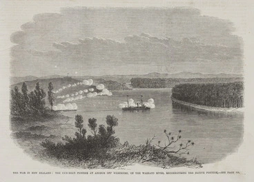 Image: Illustrated London news :The war in New Zealand. The gunboat Pioneer at anchor on the Waikato River, reconnoitring the native positions. Illustrated London news, January 1864, page 93
