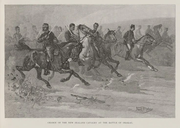 Image: Malony, Frank P. :The charge of the New Zealand cavalry at the Battle of Orakau [1864]. [Drawn by] Frank P. Malony. A. Hayman sc. Picturesque Atlas of Australasia, 1886
