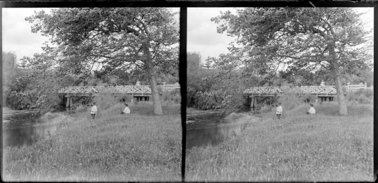 Image: Edgar Richard Williams and Owen William Williams sitting beneath tree on riverbank with woman [Lydia Myrtle Williams?] looking on, Waiwhetu, Lower Hutt, Wellington Region