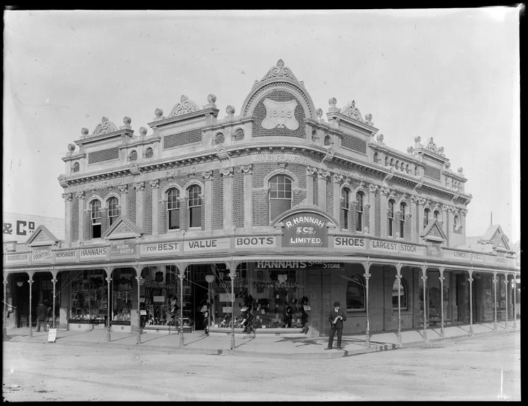 Image: Shoe Store, R Hannah & Co Limited, Gisborne, with H J Bushnell Bookshop next door