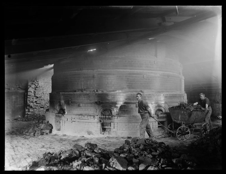 Image: Kiln, and workers, at a pipe manufacturing business, probably Christchurch