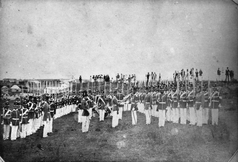 Image: Detachment of the 65th Regiment on parade on Mount Eliot, New Plymouth