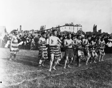 Image: Group performing a haka at the New Zealand and South Seas Exhibition (1906-1907), in Christchurch
