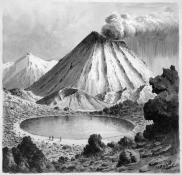 Image: Ryan, Thomas Aldworth (Darby) 1864-1927 :Blue Lake, Mt. Tongariro; Red Crater, Ngaruahoe volcanoe, and Ruapehu. [1921].